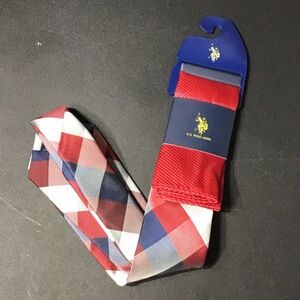 U.S. Polo Assn. Red and Blue Plaid Tie With Pocket Square